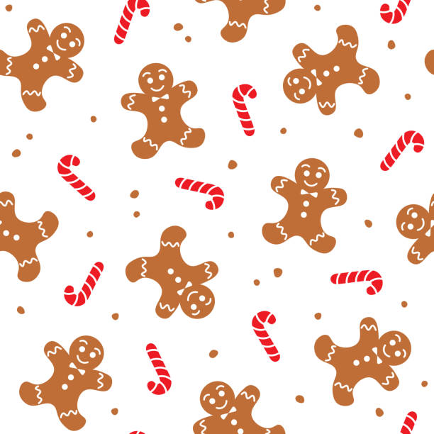 ilustrações de stock, clip art, desenhos animados e ícones de seamless pattern with gingerbread man and candy canes on white background. christmas and winter holiday theme. - cookie christmas gingerbread man candy cane