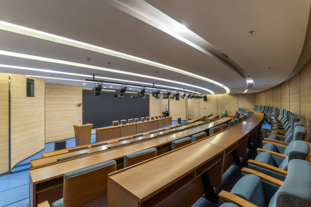 istock Curved video conference room arranged neatly 1427969478