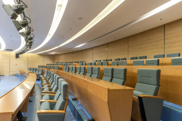 istock Neatly arranged conference room tables and chairs 1427969487