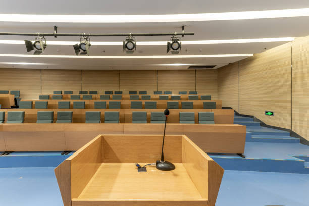 istock Presiding table of network video conference room 1427969570