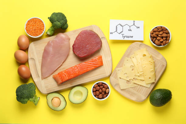 Different fresh products and paper with Tyrosine chemical formula on yellow background, flat lay. Sources of essential amino acids Different fresh products and paper with Tyrosine chemical formula on yellow background, flat lay. Sources of essential amino acids lysine stock pictures, royalty-free photos & images