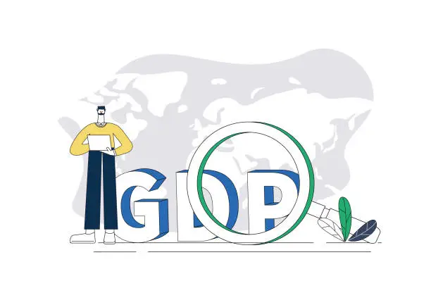 Vector illustration of GDP, man, computer, magnifying glass.