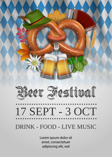 ilustraciones, imágenes clip art, dibujos animados e iconos de stock de cartel del festival de la cerveza alemana con pretzel y tazas de cerveza - bavaria