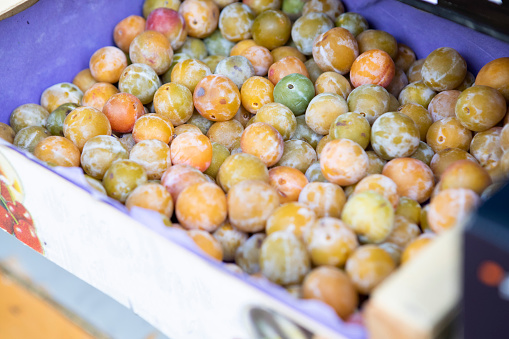 Greengages for sale outside a shop in Bilbao, Spain