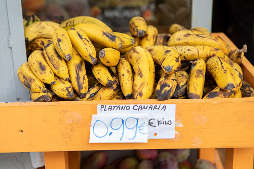 Bananas from the Canary Islands or sale outside a shop in Bilbao, Spain
