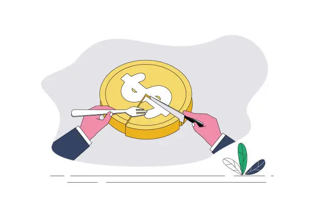 Vector illustration of Hand, knife and fork, cake, dollars.