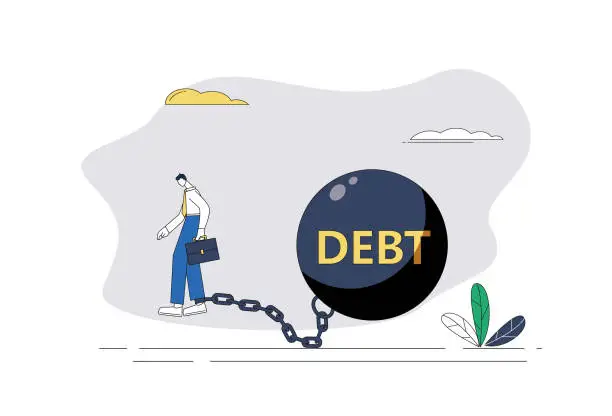 Vector illustration of White-collar workers are chained to their feet by debt chains.