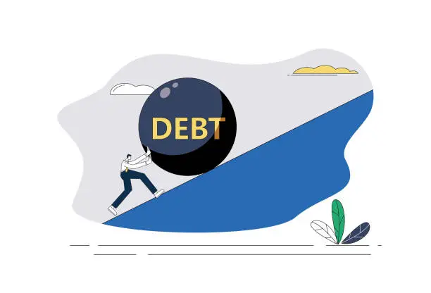 Vector illustration of The businessman crawls upwards pushing the heavy iron ball of debt.