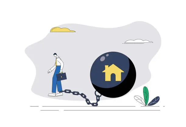 Vector illustration of Man chained with iron ball, mortgage.