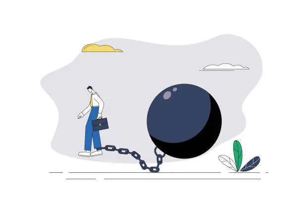 Vector illustration of The man is chained by an iron ball.