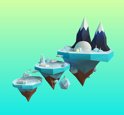Snow Igloo with Penguins on the Flying Island, Game Concept. Vector illustration. Triangles style.