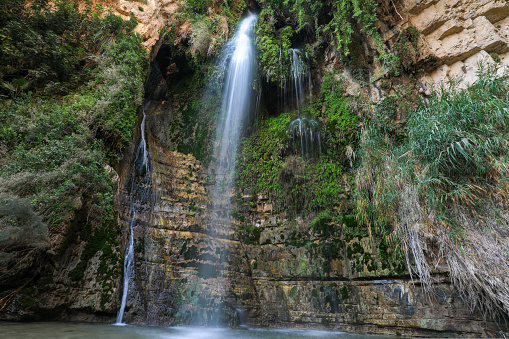 Waterfall in the desert of Ein Gedi, Israel.