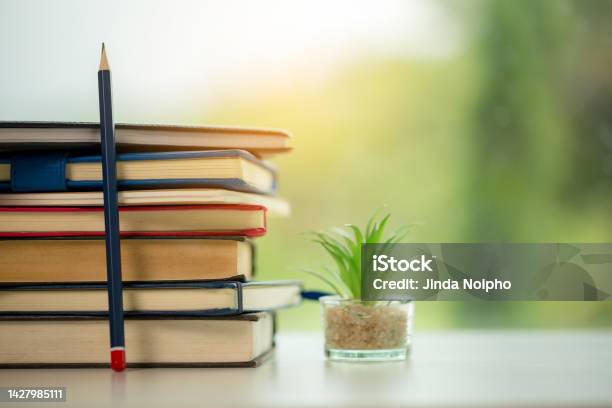 Object Education Green Nature Background With Stack Of Ancient Books Or Old Bible Open Paper Book On Wooden Table With Copy Space Concept Of Back To School Research Study Stock Photo - Download Image Now