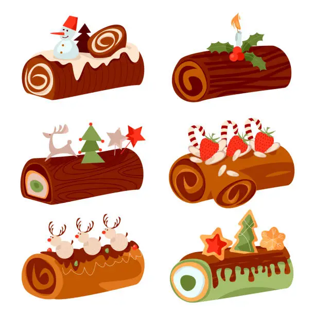 Vector illustration of Set of 6 yule log cakes (Bûche de Noël. Traditional french christmas cake)
