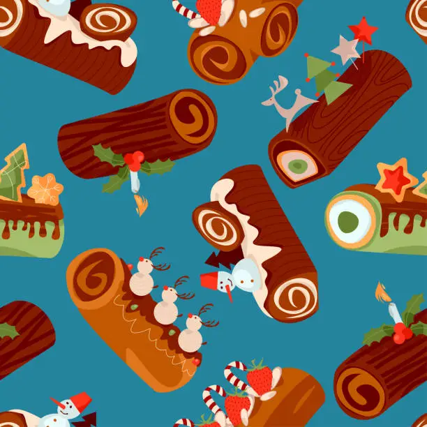 Vector illustration of Yule log cakes (Bûche de Noël. Traditional french christmas cake). Seamless background pattern. Vector illustration