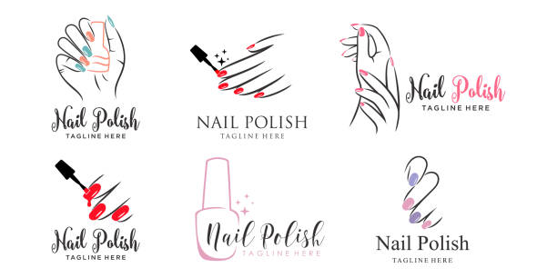 ネイルとマニキュアアイコンは、女性の手のロゴデザインでセット - fingernail brush点のイラスト素材／クリップアート素材／マンガ素材／アイコン素材