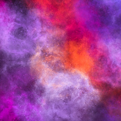 Defocused and blurred abstract illustration of a cosmic scene. Water color effect and noise texture. Purple, red and orange colors blended.