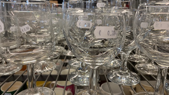 second hand wineglasses 30 eurocent in a thrift shop