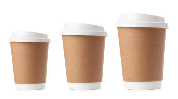 istock Paper coffee cups of different sizes on white background, collage 1427988174