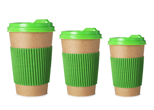 Paper coffee cups of different sizes on white background, collage