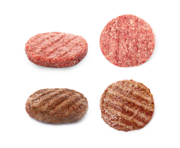 istock Raw and grilled hamburger patties on white background, collage 1427988222