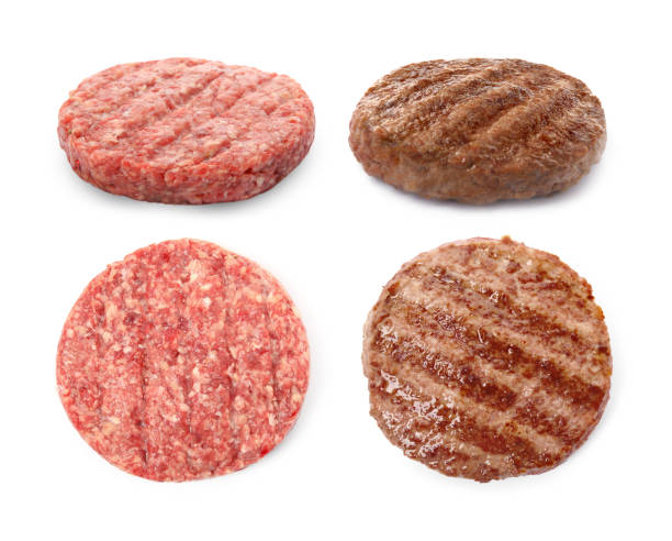 istock Raw and grilled hamburger patties on white background, collage 1427988225