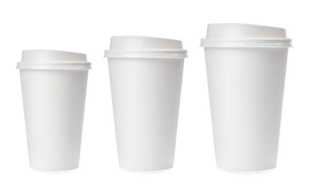 istock Paper coffee cups of different sizes on white background, collage 1427988278