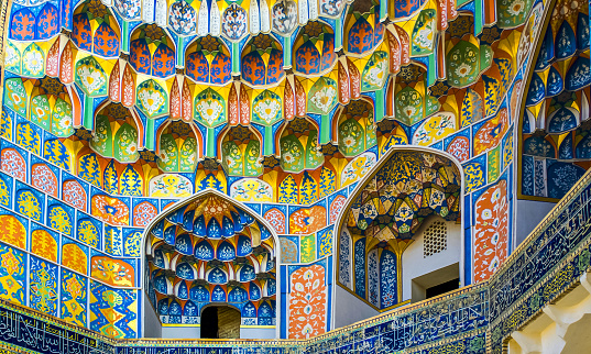 Masterpiece of the Islamic art and Quran calligraphy in the Abdulaziz-Khan Madrasah in the Bukhara, Uzbekistan