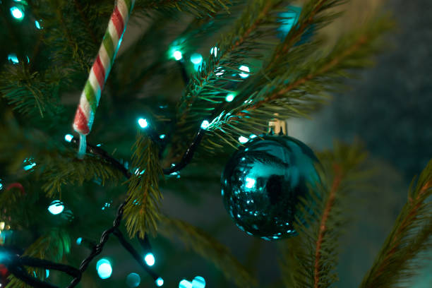 Close up of holiday electric blue garlands on fir branch with Christmas tree decoration and candy sweet. Candy cane hanging onto the branch of a Christmas tree Close up of holiday electric blue garlands on fir branch with Christmas tree decoration and candy sweet. Candy cane hanging onto the branch of a Christmas tree candy cane flash stock pictures, royalty-free photos & images