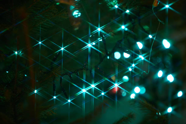 크리스마스 트리 장식과 사탕 달콤한으로 전나무 가지에 휴일 전기 파란색 화환을 닫습니다. 크리스마스 트리의 가지에 매달려있는 사탕 지팡이 - candy cane flash 뉴스 사진 이미지