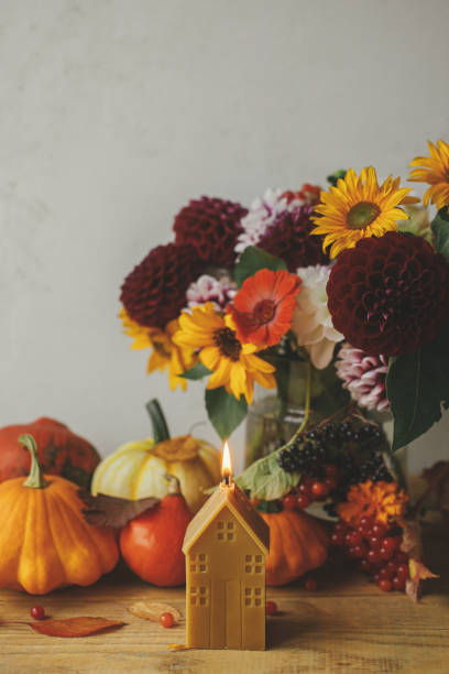 Autumn still life. Stylish pumpkins, autumn flowers, berries, leaves, candle on rustic wooden table. Happy Thanksgiving! Atmospheric cozy room. Seasons greeting card template with space for text bodegón de otoño. calabazas elegantes, flores de otoño, bayas, hojas, vela sobre mesa de madera rústica. ¡feliz acción de gracias! habitación acogedora y atmosférica. plantilla de tarjeta de felicitación de seasons con espacio para texto