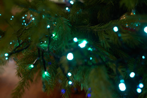 крупным планом праздничные электрические синие гирлянды на еловой ветке с елочным украшением и конфетно-сладкими. конфетная трость, висящ� - hard candy flash стоковые фото и изображения