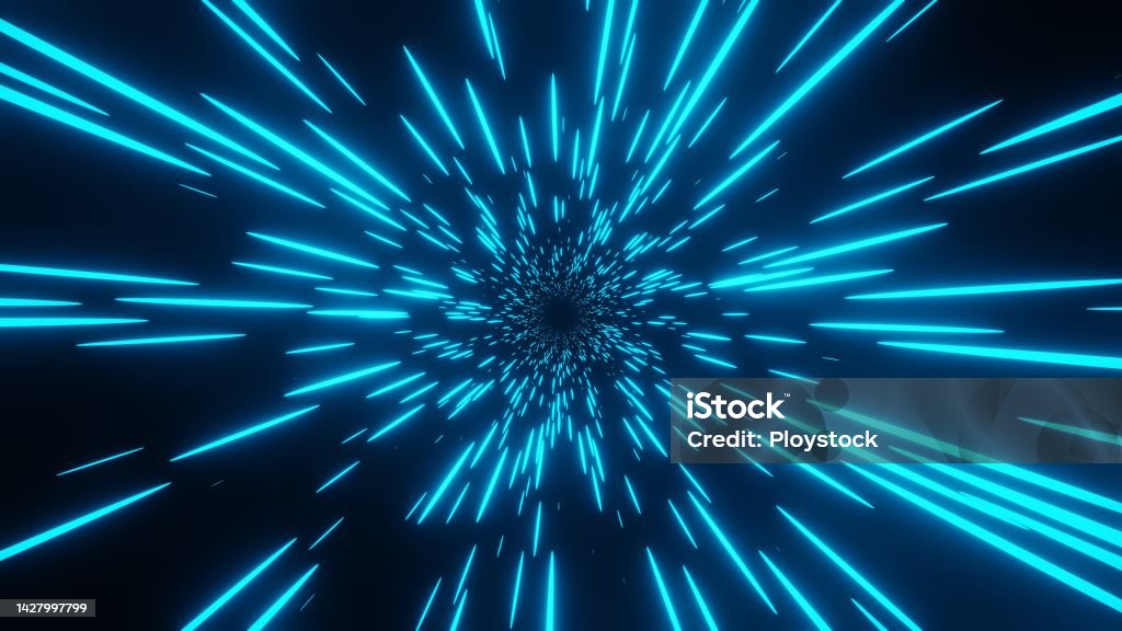 Abstract hyperspace jump digital design concept Abstract hyperspace jump digital design concept. Space travel through stars trails blue color to the light. Looped 3d animation of glowing lines. Hyperspace Stock Photo