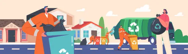 Vector illustration of Scavengers in Uniform Collect Litter to Truck, Woman Throw Garbage into Recycling Bins on Street. Rubbish Recycling