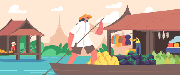 продавщица персонаж носит соломенную шляпу на лодке с веслом продавайте и покупайте товары float by river. традицио�нная торговля в азии - river wear illustrations stock illustrations