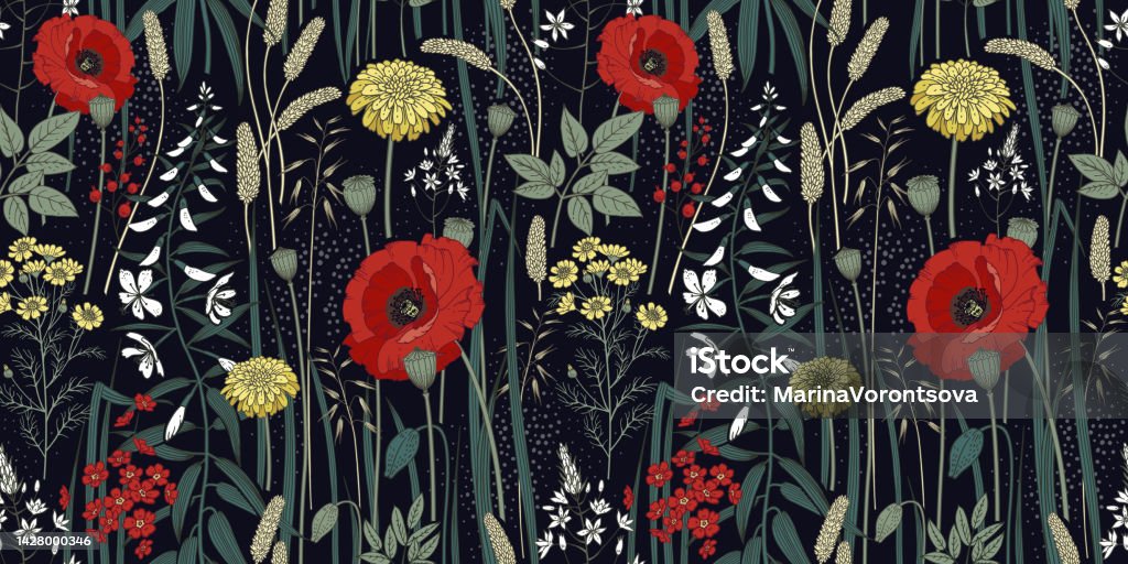 Wild Colorful Patterns Wild Flowers And Herbs Seamless Pattern Stock Illustration - Download ...