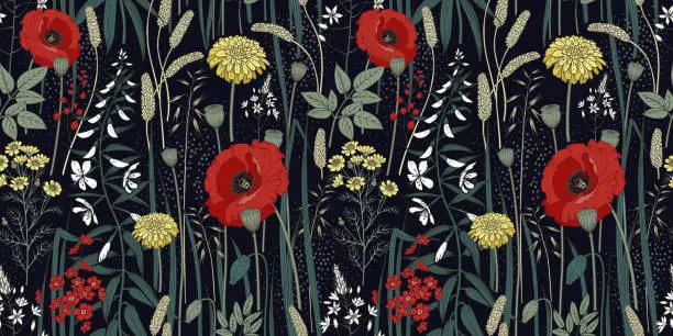 Vector illustration of Wild flowers and herbs seamless pattern.