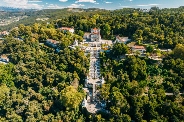 Aerial panoramic view of Bom Jesus church in Braga, Portugal Braga, Portugal - September 25, 2022: Aerial panoramic view of Bom Jesus church in Braga, Portugal braga portugal stock pictures, royalty-free photos & images