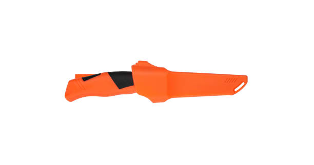 istock Modern hunting knife with silver blade and rubber handle. Steel arms. Isolate on a white background. 1428008755