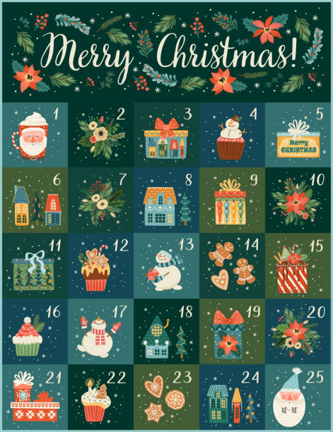 bildbanksillustrationer, clip art samt tecknat material och ikoner med december advent calendar. cute christmas illusstrations with new year symbols. vector design. - första advent