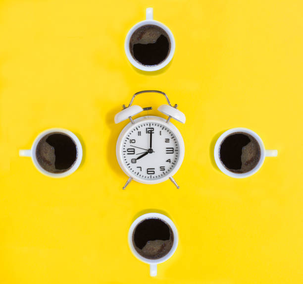 White alarm clock and coffee cups on the yellow background. Top view. Copy space.