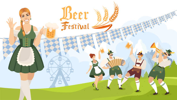 ilustraciones, imágenes clip art, dibujos animados e iconos de stock de banner del beer fest. gente bailando y celebrando. fiesta de la cerveza. festival de la cerveza. una mujer joven sosteniendo una taza de cerveza. - dirndl traditional clothing austria traditional culture