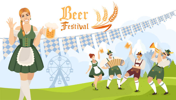 baner beer fest. ludzie tańczą i świętują. impreza piwna. festiwal piwa. młoda kobieta trzymająca kufel piwa. - dirndl traditional clothing austria traditional culture stock illustrations