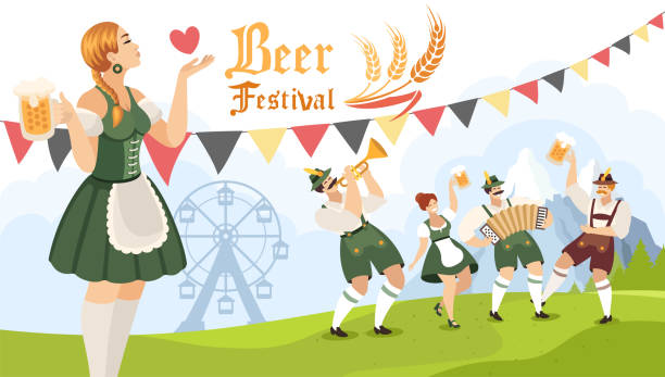 ilustraciones, imágenes clip art, dibujos animados e iconos de stock de banner del beer fest. gente bailando y celebrando. fiesta de la cerveza. festival de la cerveza. una joven soplando un beso. - dirndl traditional clothing austria traditional culture