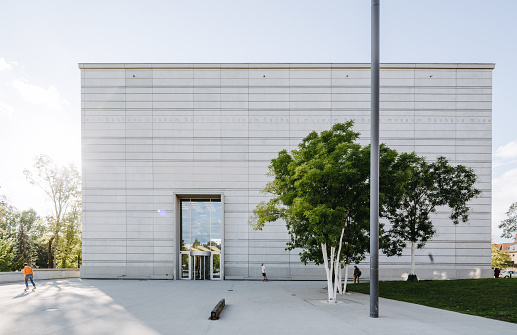 Weimar, Germany - June 21, 2019: Facade of the new Bauhaus Museum in Weimar designed by the architect Heike Hanada.