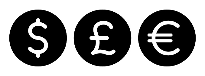 set of currency symbols british pound, euro, dollar, black filled lsign in a circle, money icon vector vector illustration design