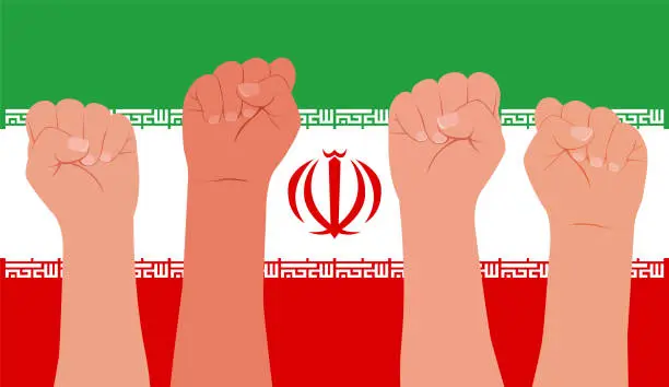 Vector illustration of Women's hands clenched into a fist on the background of the Iranian flag. Protests in Iran. Female protesters' hands raise their fists. Women's rights. Vector flat modern illustration.