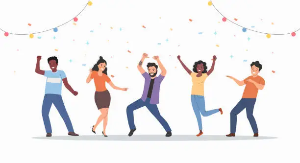 Vector illustration of Different happy young women and men dancing. Party people dancing under confetti. Corporate holiday.