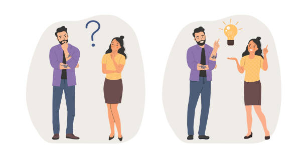 Young woman and man surrounded by a question mark and finding new idea. Shiny light bulb. People stand full body. Young woman and man surrounded by a question mark and finding new idea. Shiny light bulb. Flat style cartoon vector illustration. People stand full body. woman tattoos stock illustrations