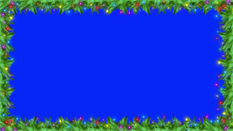 Christmas festive frame twinkling lights, fir branches, decorations, candy,
